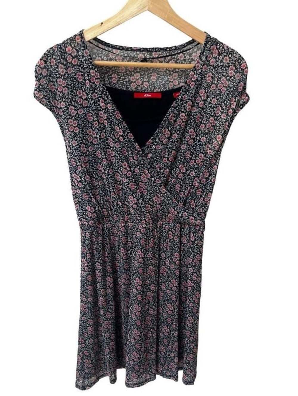 s.Oliver Women's Navy Blue Floral Cap Sleeve V-Neck Mini Dress Size 38